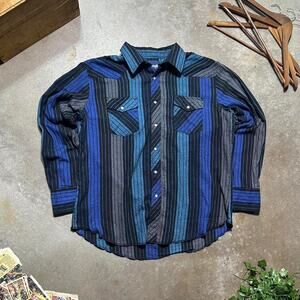 Vintage Wrangler Pearl Snap Cowboy Cut Button Down Shirt Mens XL Blue Grey Tee